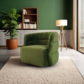 Modern green velvet swivel accent chair with channeled, rounded backrest in a contemporary living room setting.
