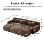 Chocolate modular sofa 3-seater plush fabric with movable ottoman and detailed product dimensions for space planning.