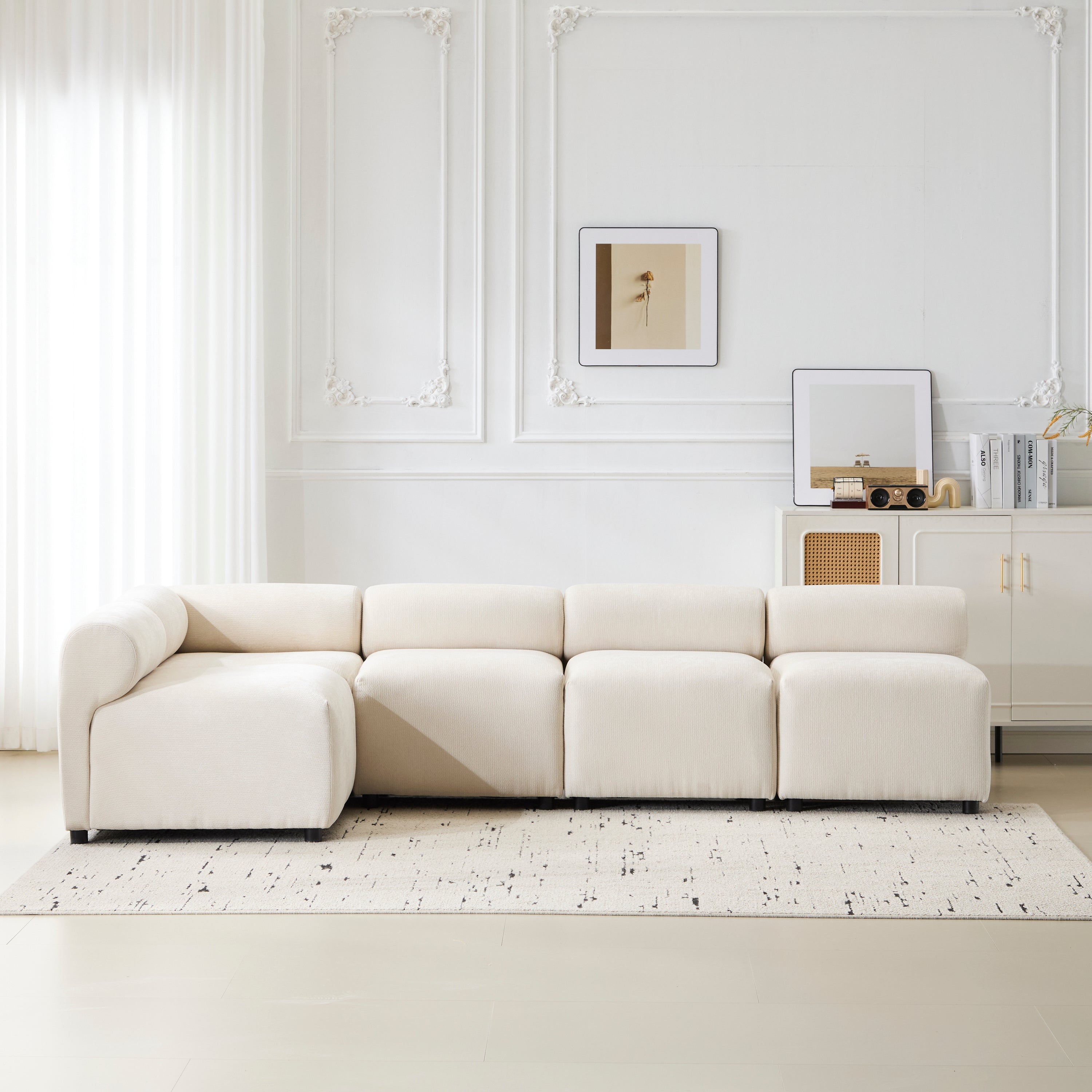 Evelyn 109 in. 5-piece L shaped modular chenille sectional sofa in beige for living rooms, featuring plush cushions and modern design.