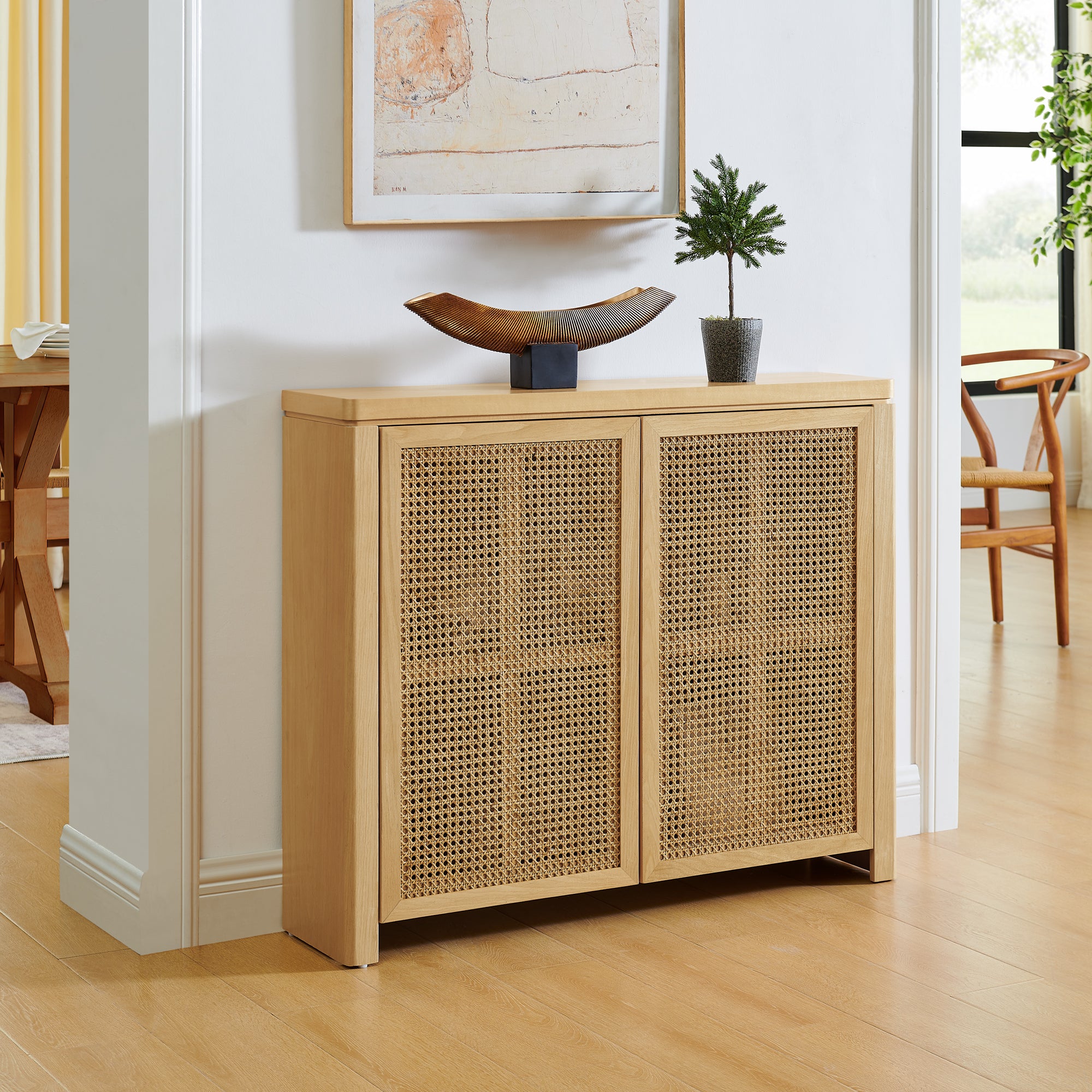 Mid Century Rattan Sideboard with outlet holes, featuring natural wood finish and woven doors, ideal for entryways or living rooms.