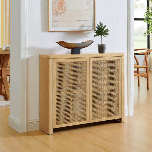 Mid Century Rattan Sideboard with outlet holes, featuring natural wood finish and woven doors, ideal for entryways or living rooms.