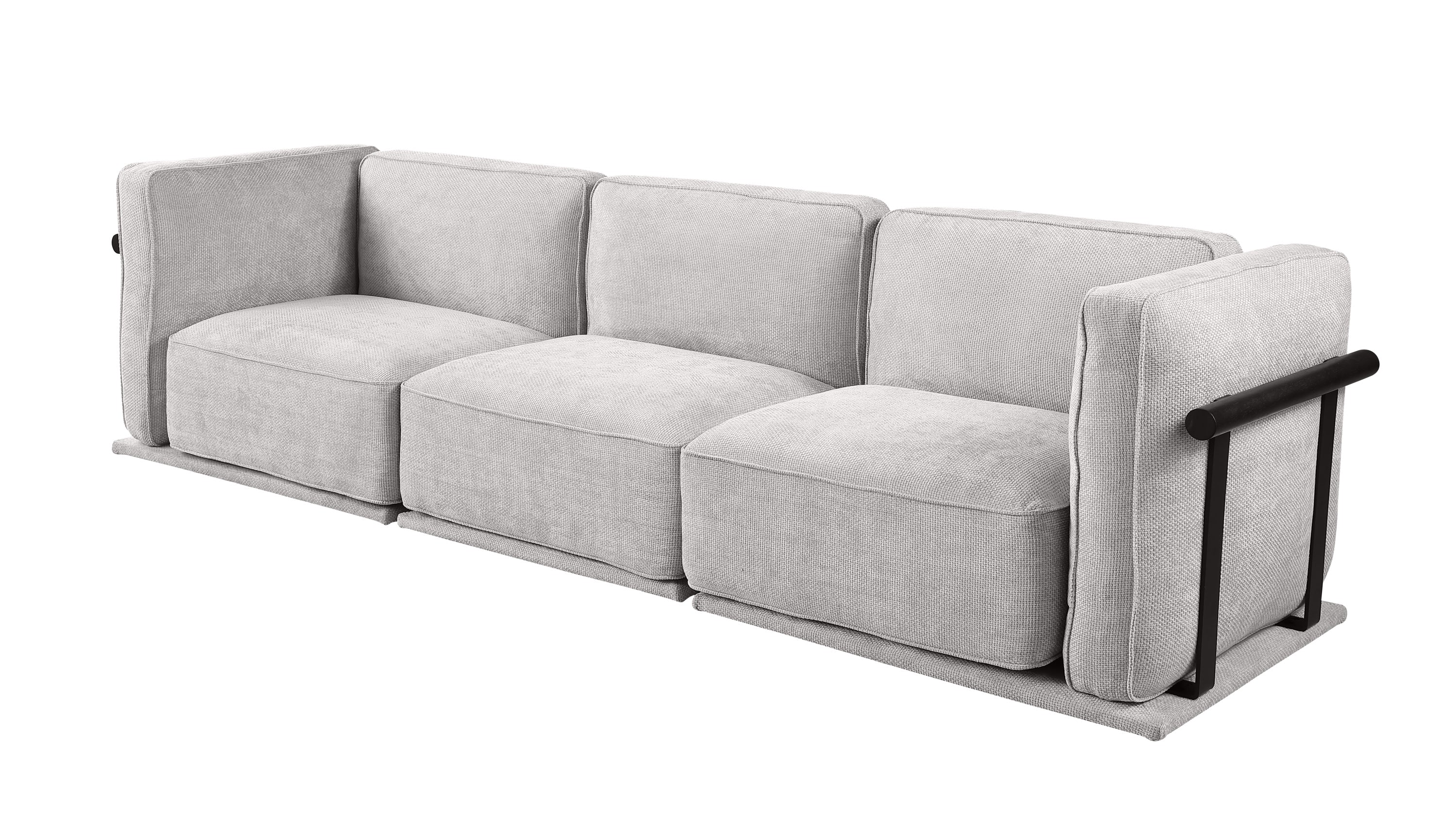 Angled front view of modular fabric sofa set with corner module and three seats, designed for customizable living room layouts.