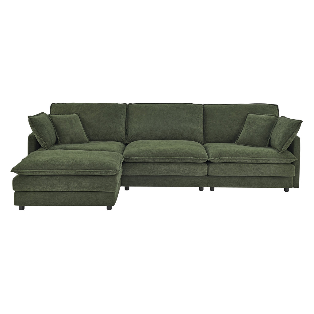 Modern Green Fabric L-Shaped Sectional Sofa with Ottoman, 4-Seater