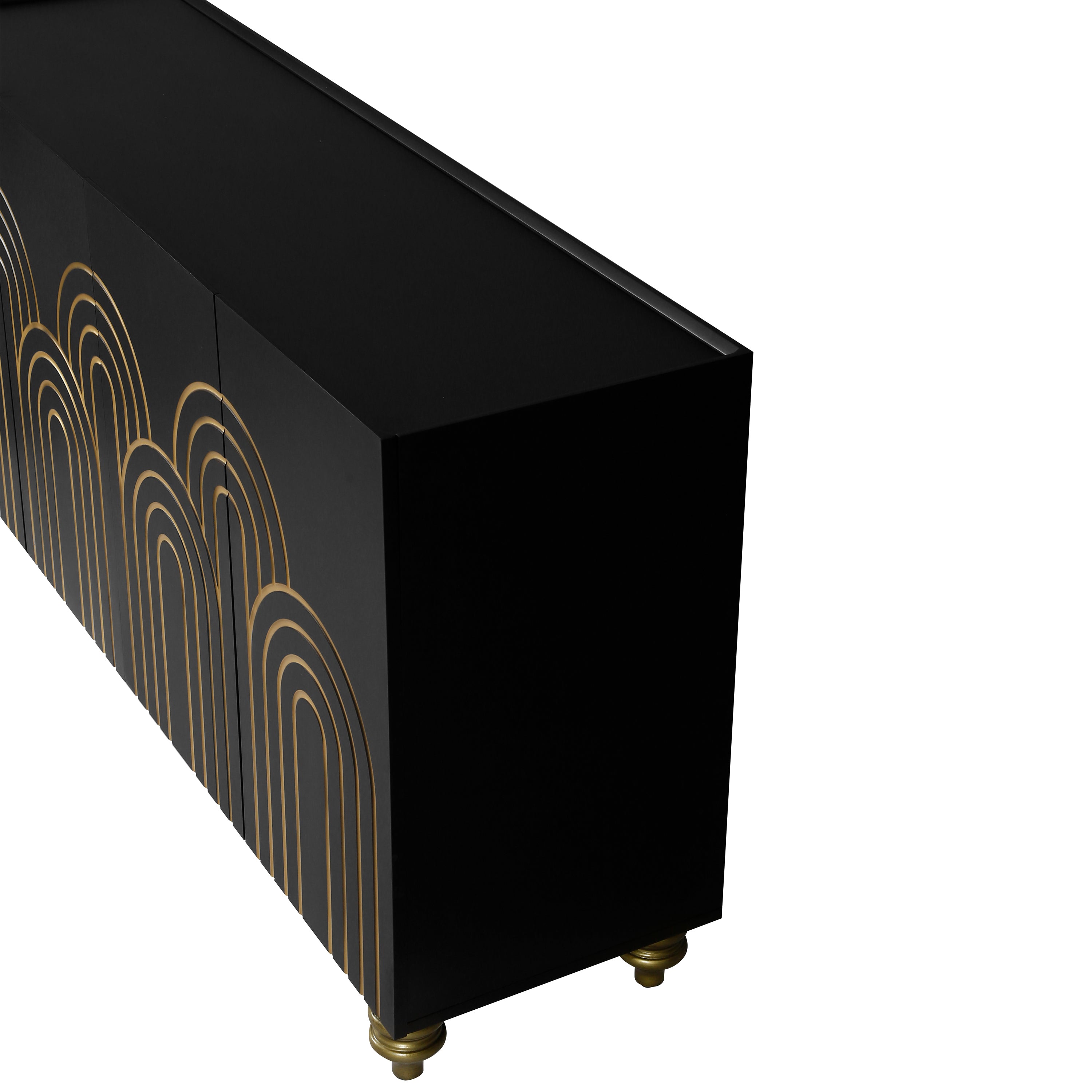 Modern Fluted Sideboard Buffet with Storage, Curve Element with Strict Lines, Black MDF 4-Door Cabinet