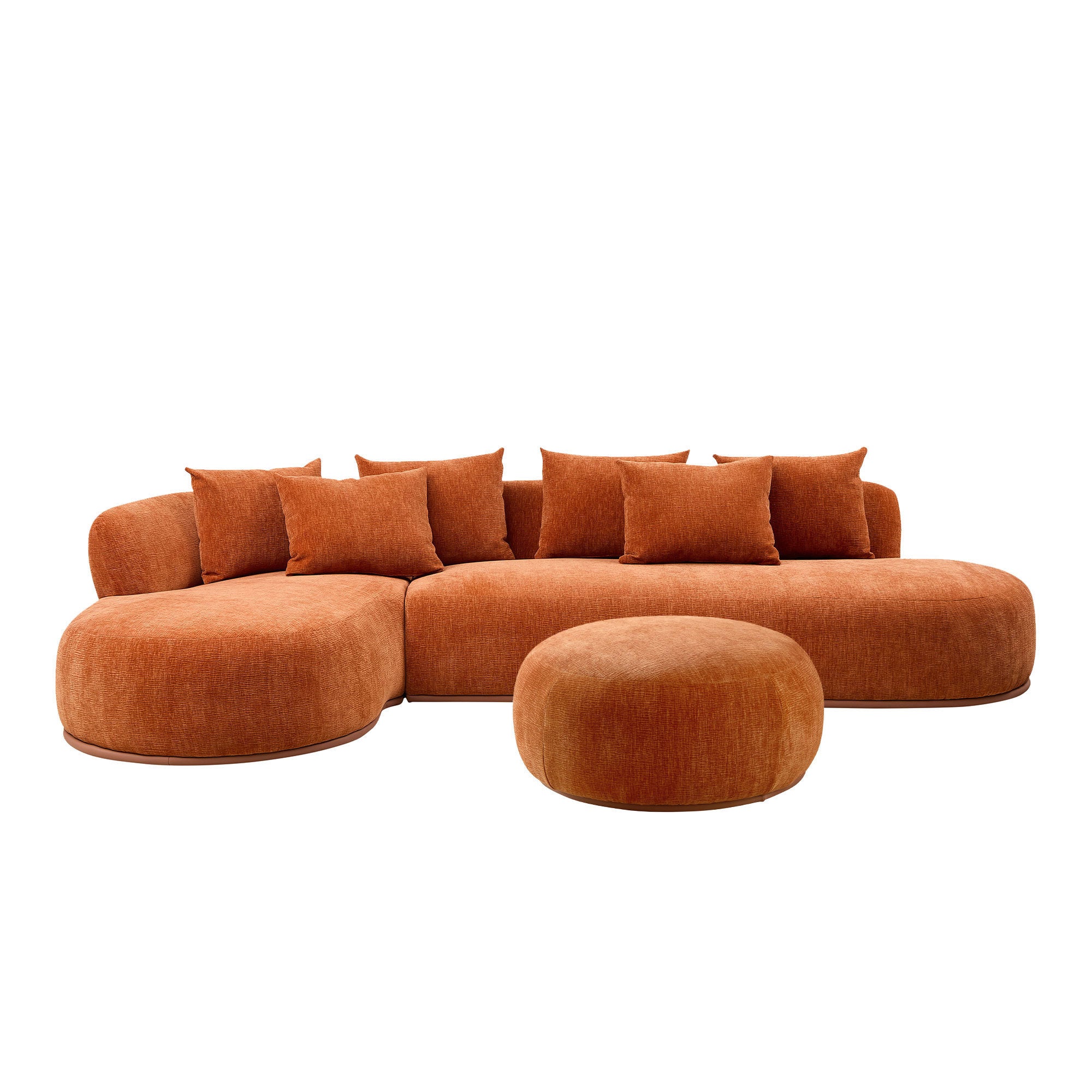 Orange oversized L-shape sectional sofa with ottoman, featuring plush cushions and a modern armless design for stylish living rooms.