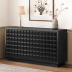 Black 4-Door Storage Cabinet featuring 3D geometric doors and sleek metal trim, placed in a contemporary home interior.