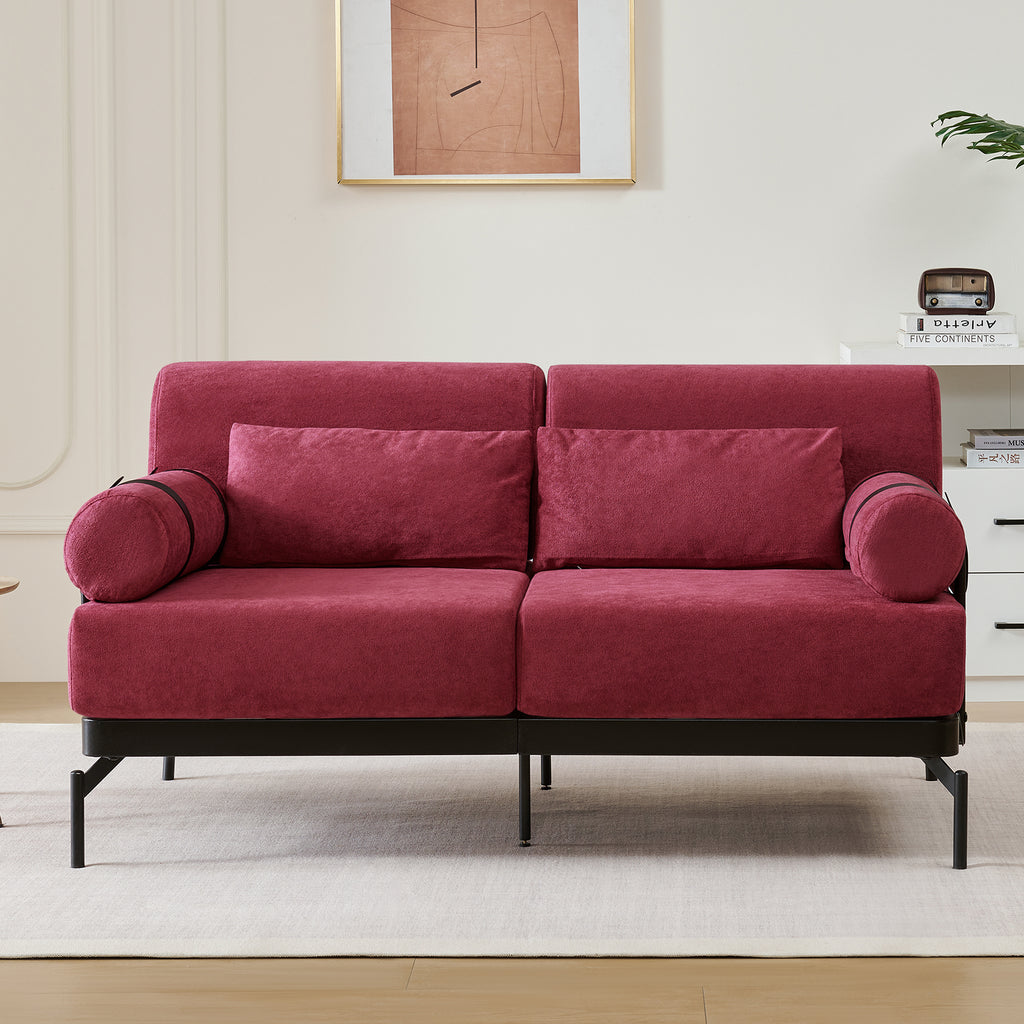 Modern Loveseat Sofa 59' Sofa Couch 2-Seater with USB Ports, Unique Cylindrical Armrests, Red Chenille