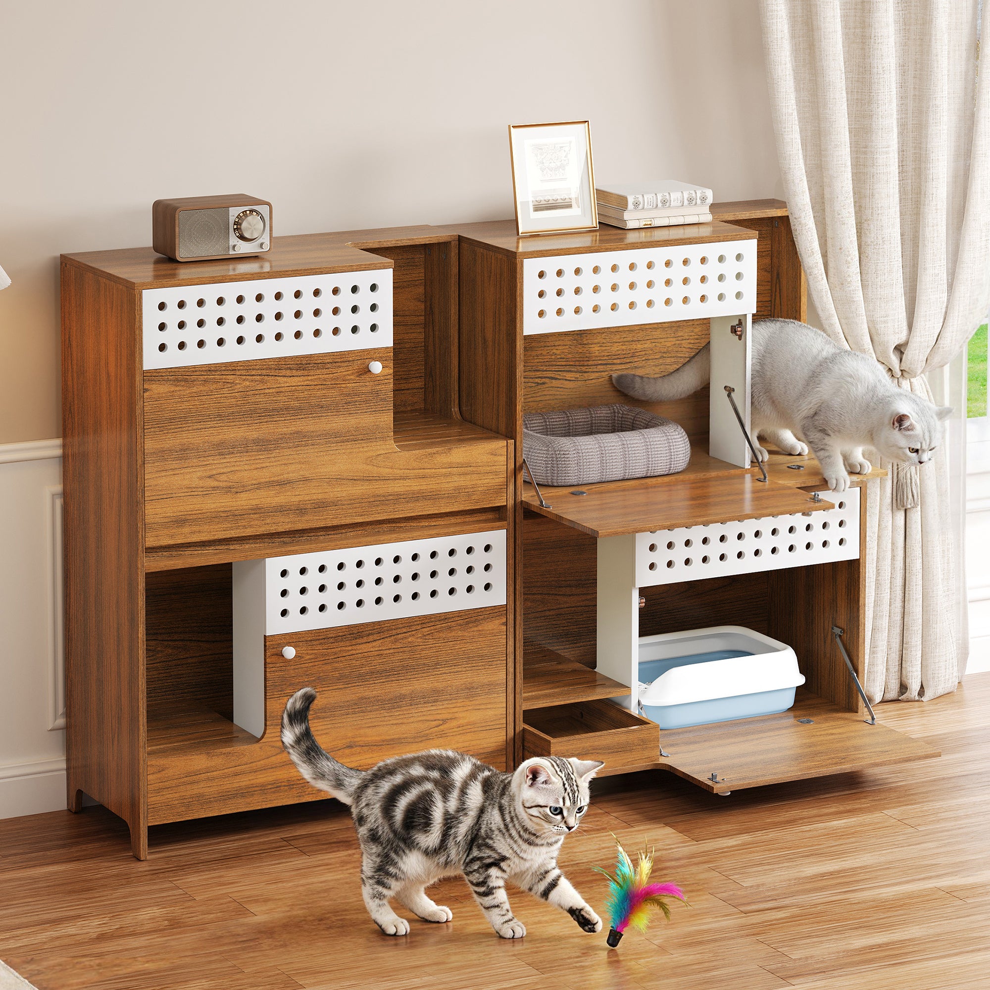 2-Piece Brown Particle Board & MDF Cat Litter Box Side Table Set