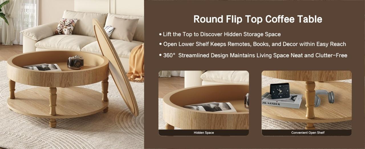 Coffee Table with Dual Storage for Living Room, 31.5' Modern Round Coffee Table with Storage and Hidden Compartment, Adjustable Leveling Feet, Easy Assembly(Natrual Wood).