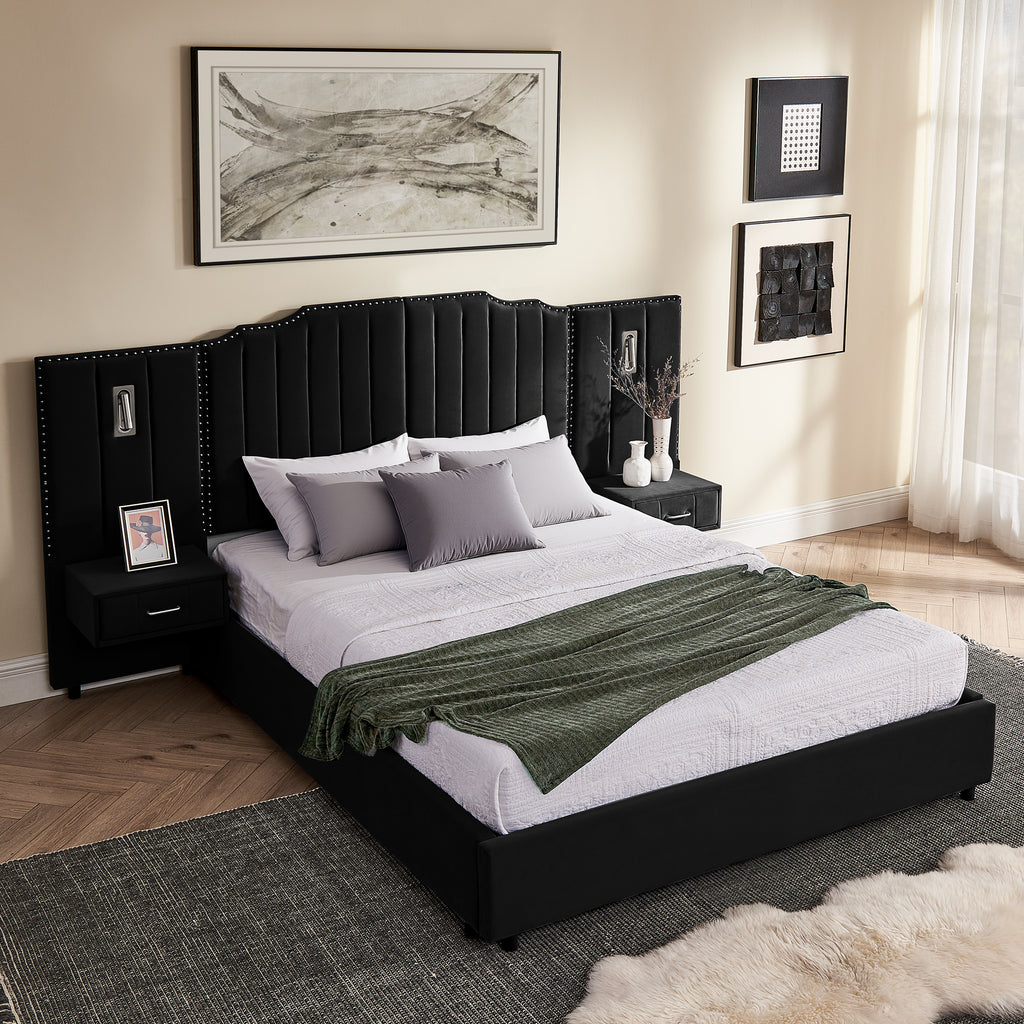 Queen upholstered bed frame with plush velvet finish, vertical panel headboard, and floating nightstands for a contemporary look.