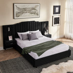 Queen upholstered bed frame with plush velvet finish, vertical panel headboard, and floating nightstands for a contemporary look.