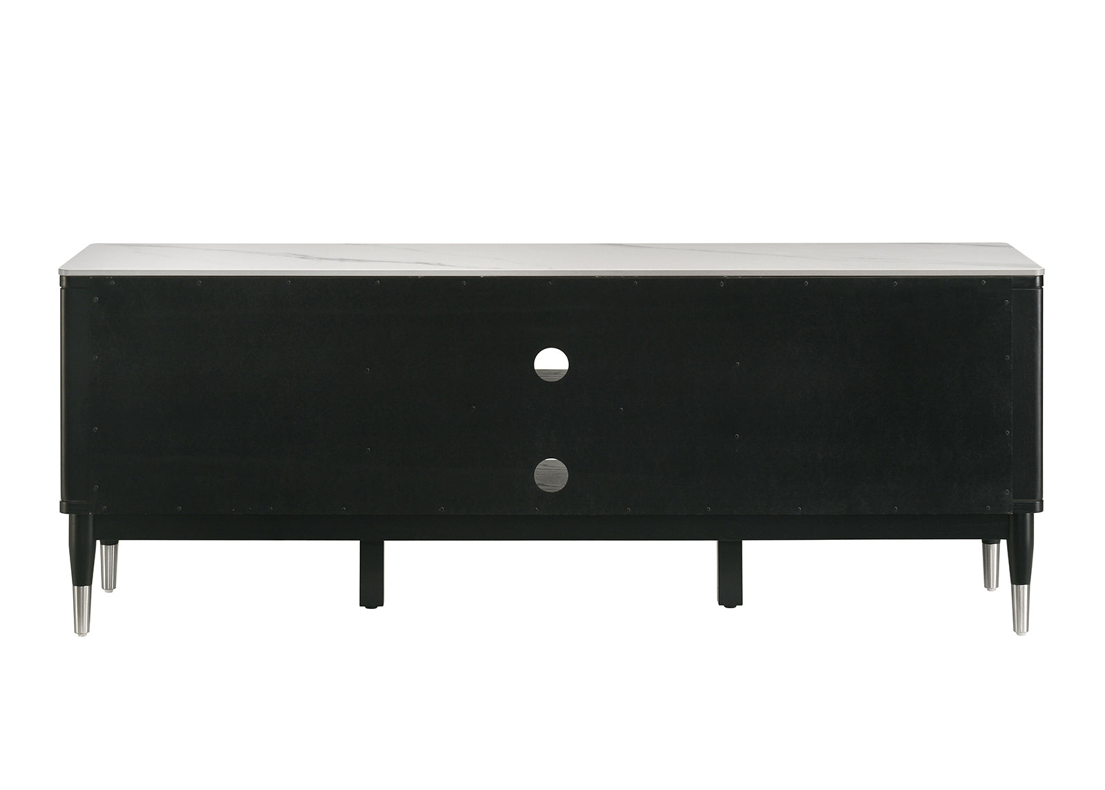 Rear panel of Contemporary TV Console with dual cable management holes and sleek black finish, ideal for clean media setups.
