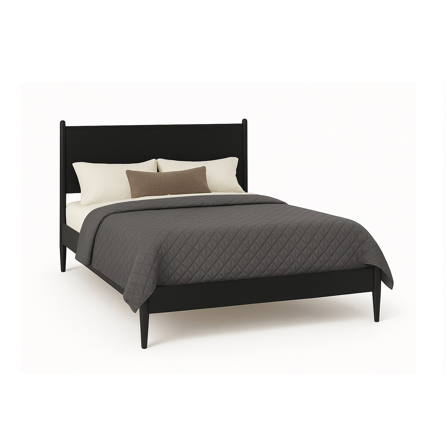 Mid-Century Modern Platform Bed in Matte Black with full size frame, angled legs, and quilted bedding in a contemporary bedroom setting.