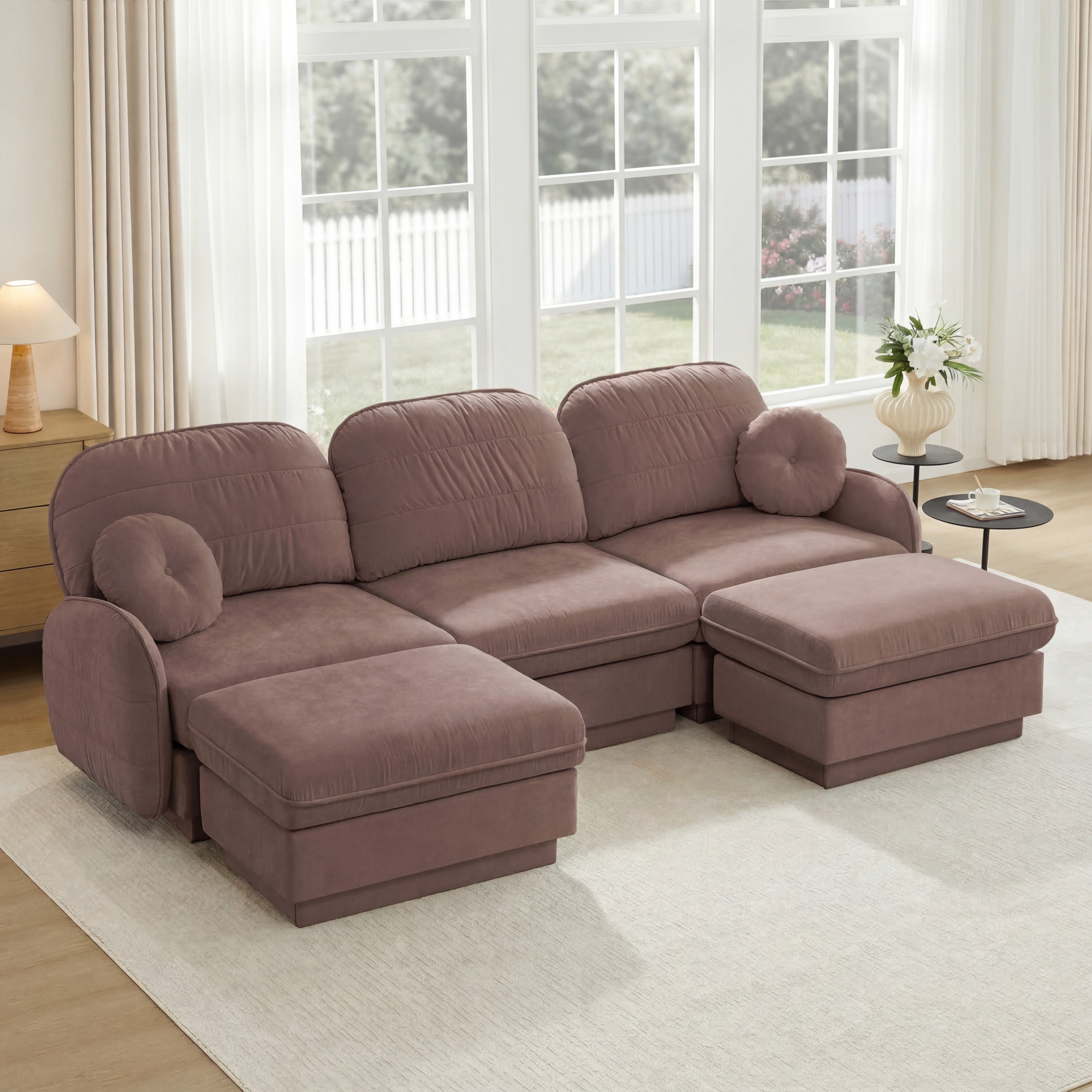 105-Inch Oversize Chenille U-Shaped Sofa with Ottoman in Rose Dust
