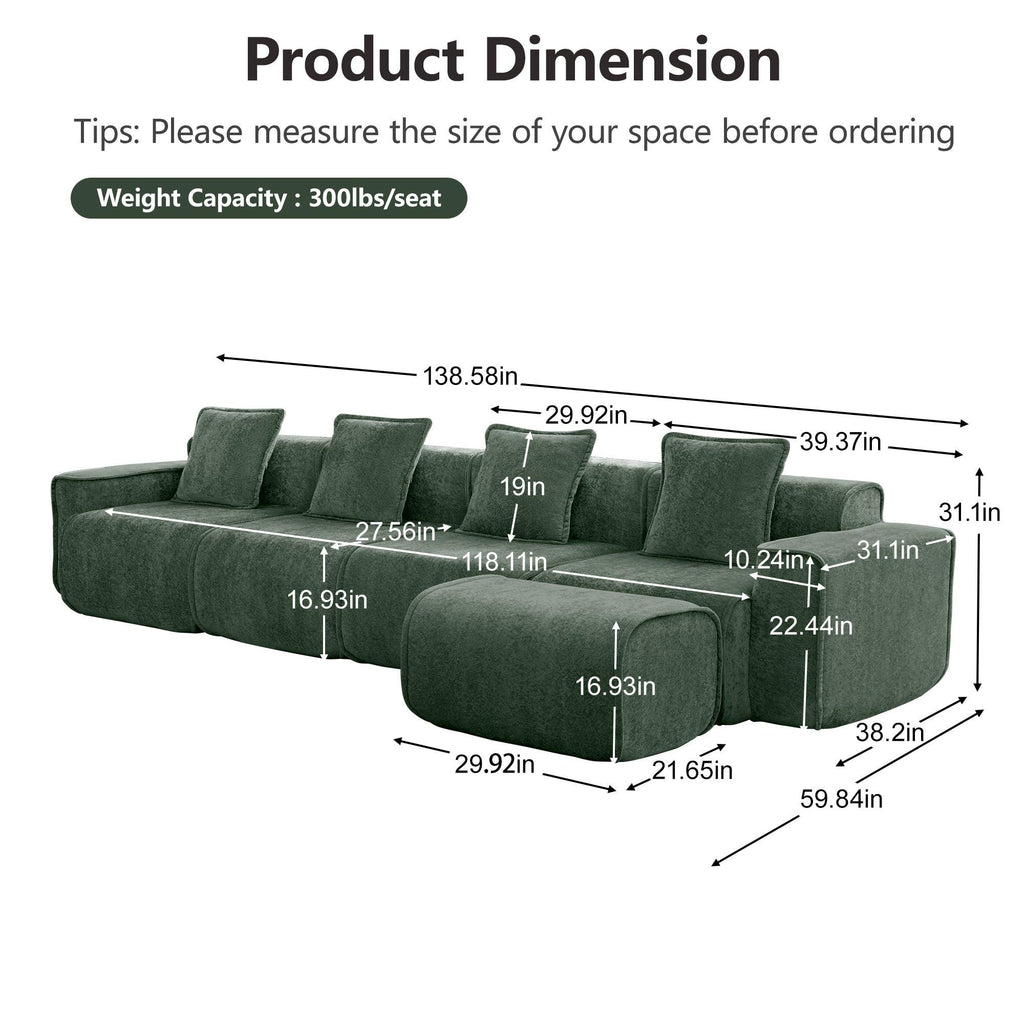 Modular Velvet Sectional Sofa with Ottoman & Pillows.