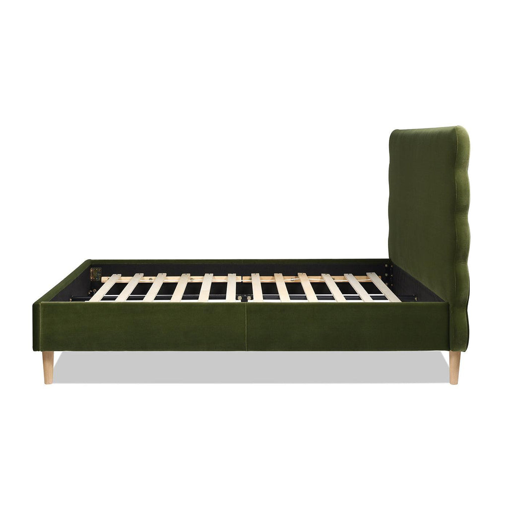 Stockholm Modern Wavy Headboard Platform Bed, Queen, Olive Green Performance Velvet.
