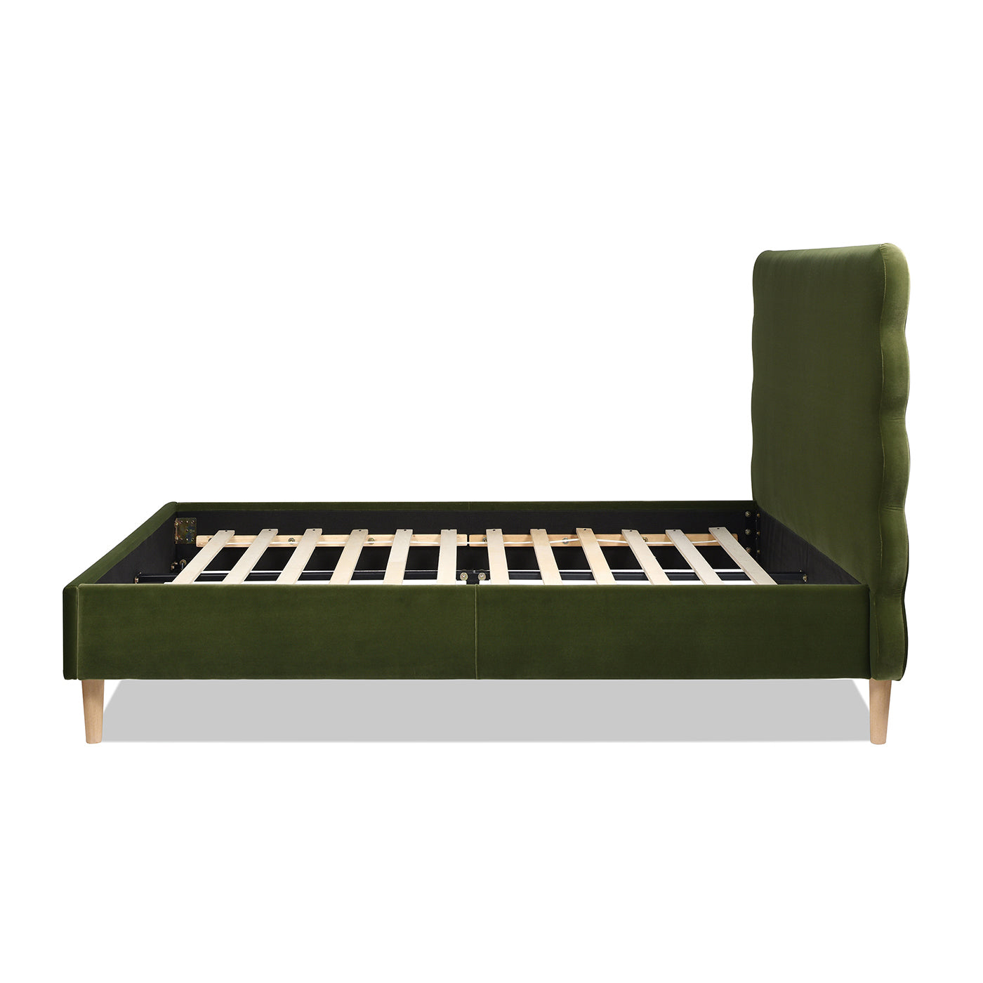 Side profile of the Stockholm Modern Platform Bed in queen size with olive green velvet frame and wavy headboard design.