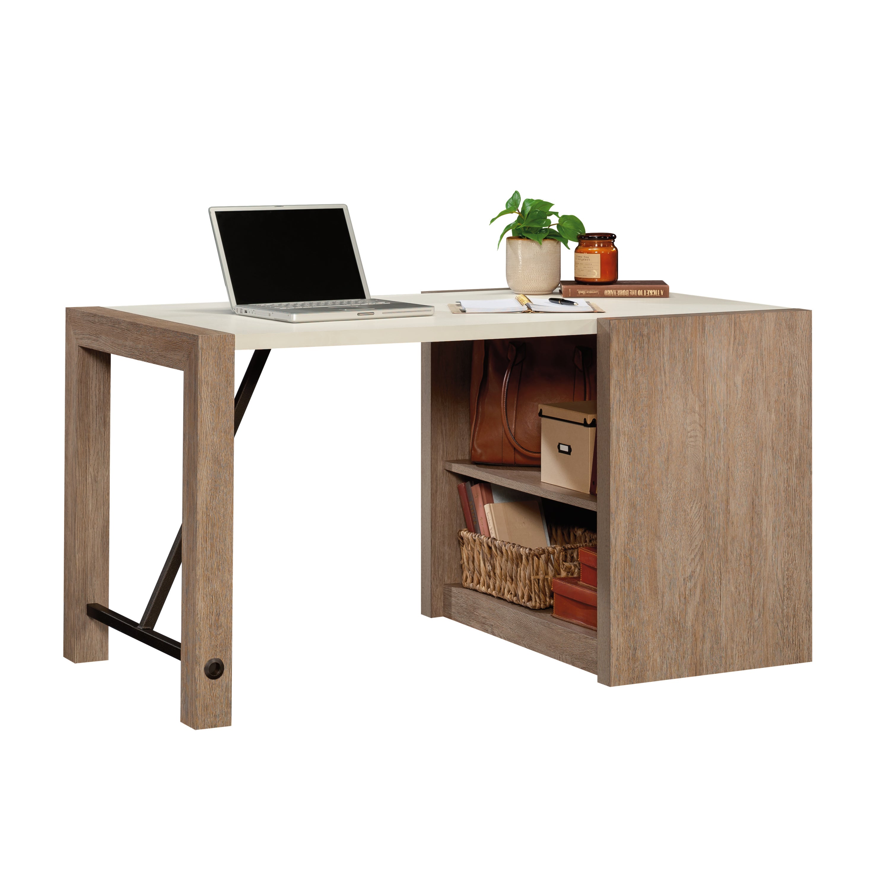 Modern farmhouse brown finish desk with open shelves, styled with laptop, books, and decor for home office use.