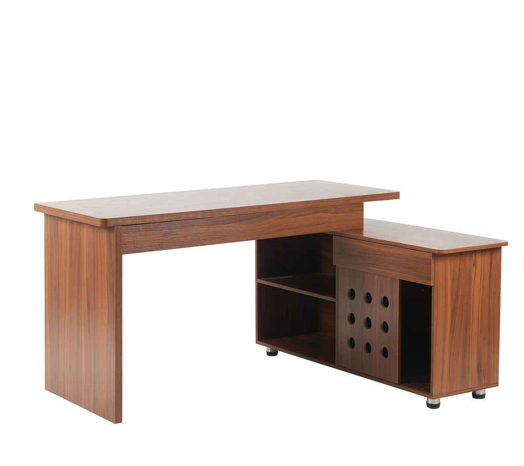 55.1''L, Home Office L-Shaped Versatile Desk Height Adjustable Extendable Desk with Storage Drawers and Cabinet, Walnut