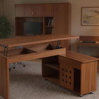 55.1''L, Home Office L-Shaped Versatile Desk Height Adjustable Extendable Desk with Storage Drawers and Cabinet, Walnut