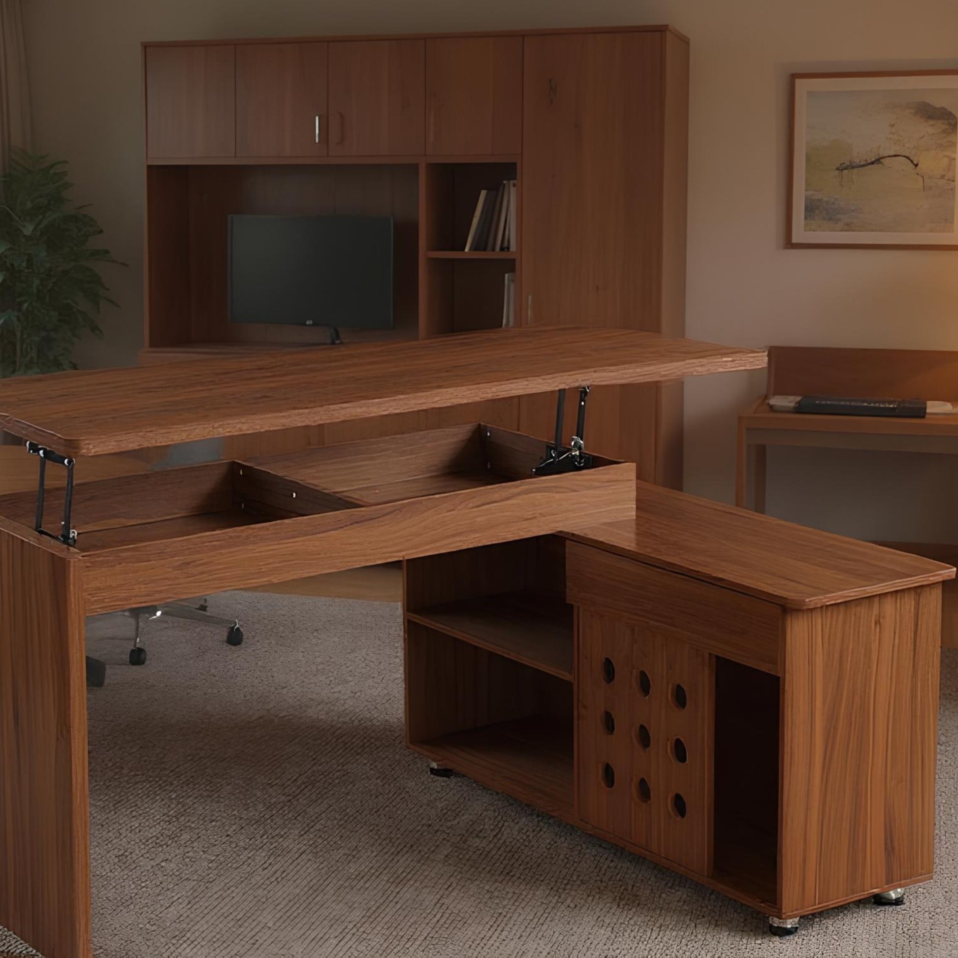 55.1''L, Home Office L-Shaped Versatile Desk Height Adjustable Extendable Desk with Storage Drawers and Cabinet, Walnut