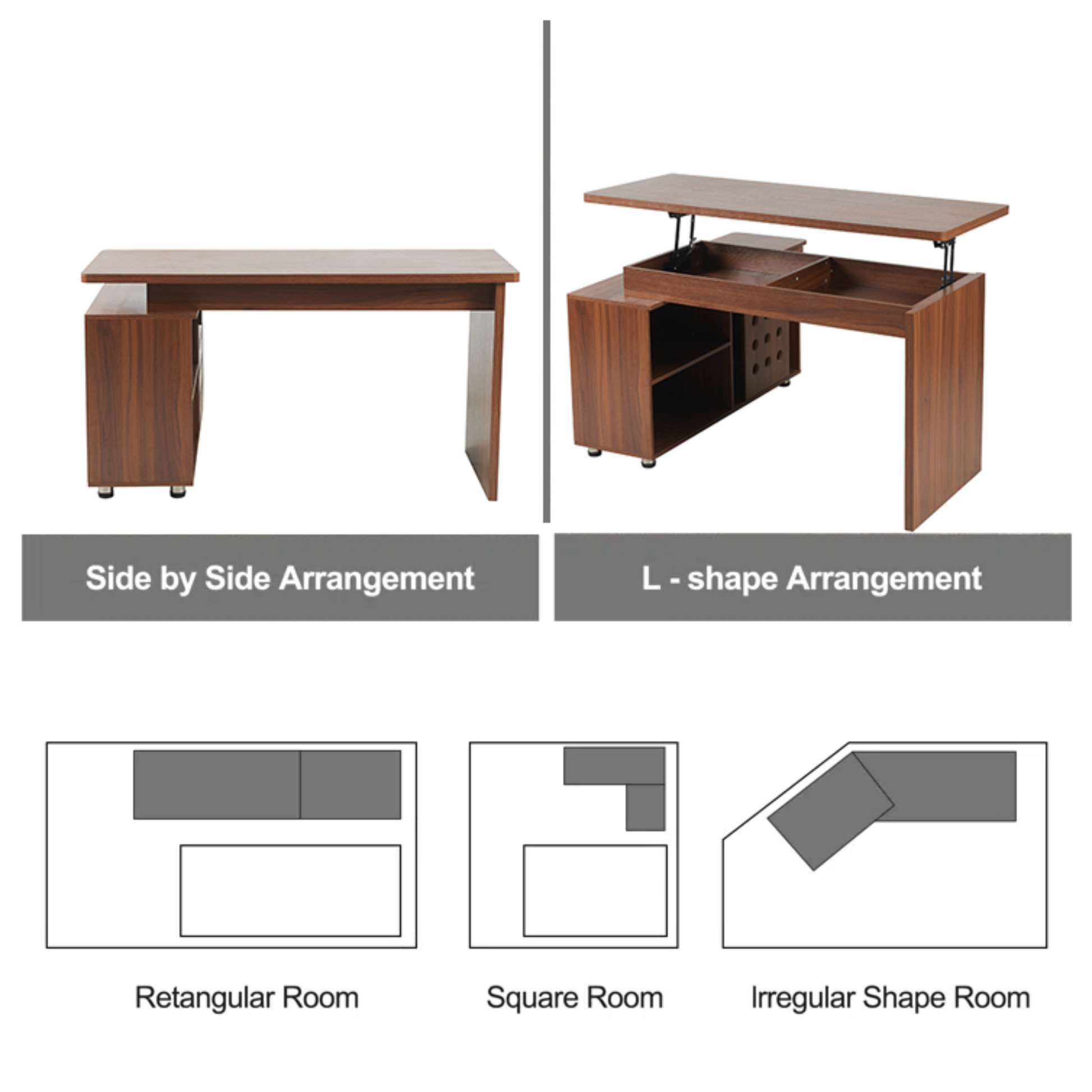 55.1''L, Home Office L-Shaped Versatile Desk Height Adjustable Extendable Desk with Storage Drawers and Cabinet, Walnut