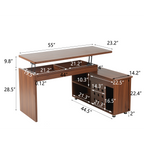 55.1''L, Home Office L-Shaped Versatile Desk Height Adjustable Extendable Desk with Storage Drawers and Cabinet, Walnut