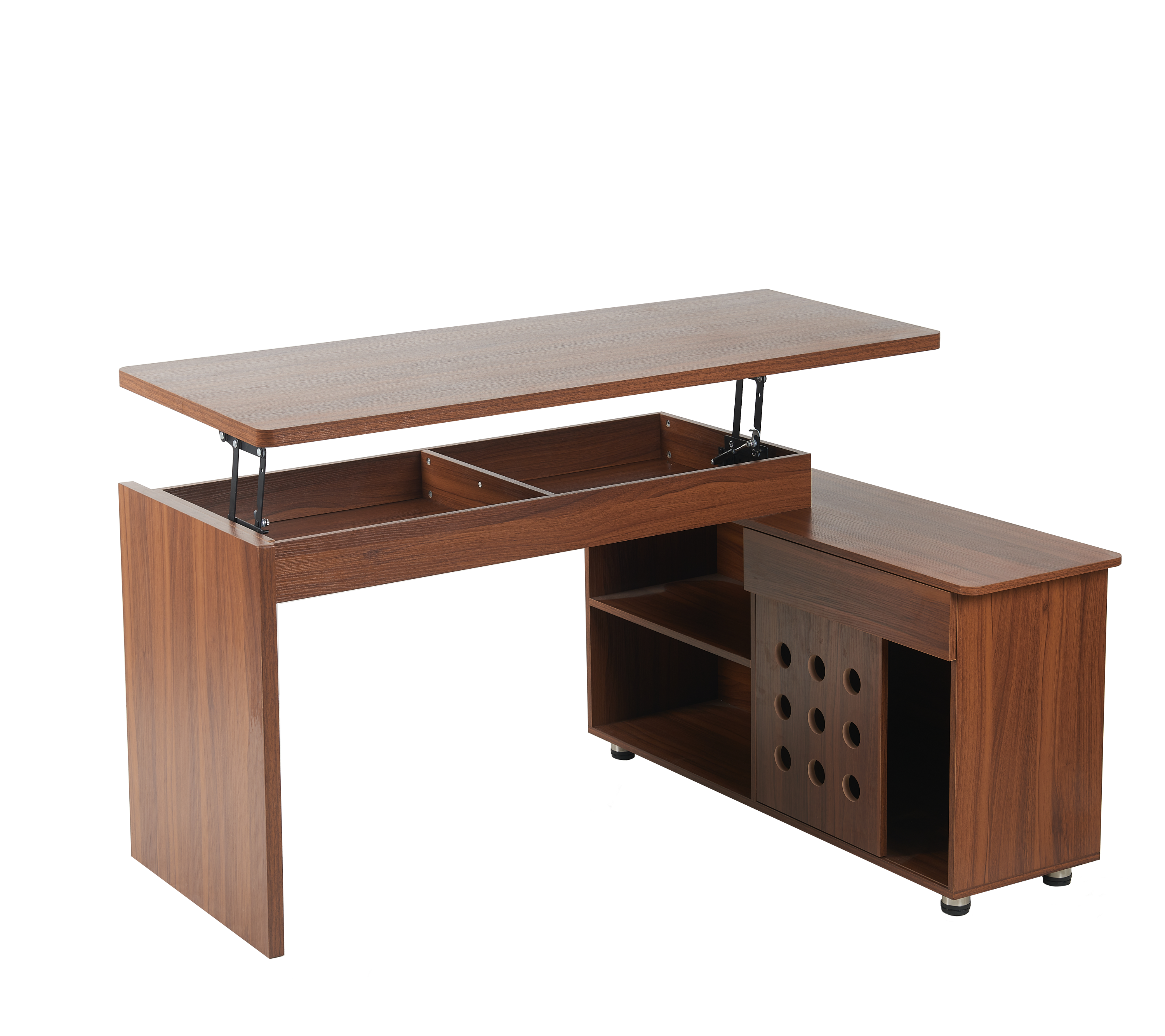 55.1''L, Home Office L-Shaped Versatile Desk Height Adjustable Extendable Desk with Storage Drawers and Cabinet, Walnut