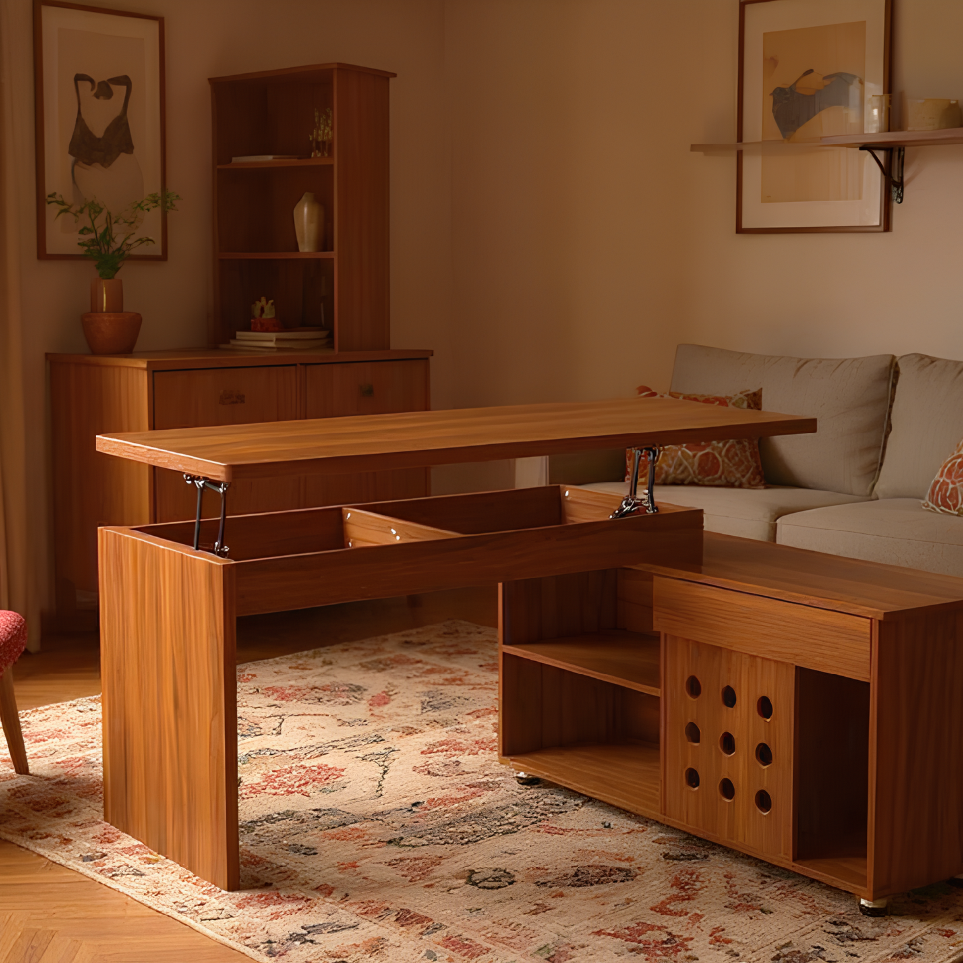 55.1''L, Home Office L-Shaped Versatile Desk Height Adjustable Extendable Desk with Storage Drawers and Cabinet, Walnut