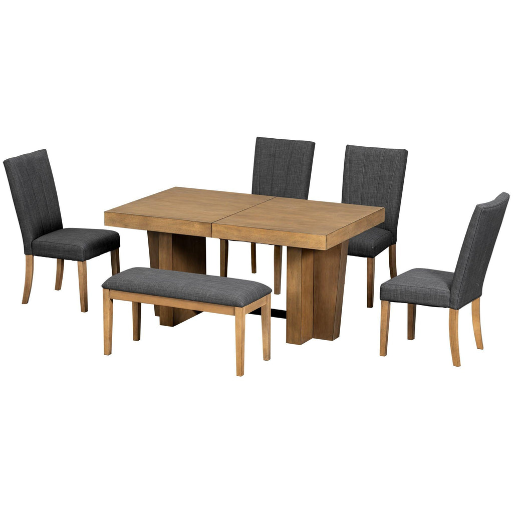 Extendable Wood Dining Table Set for 6 with Bench & Chairs.