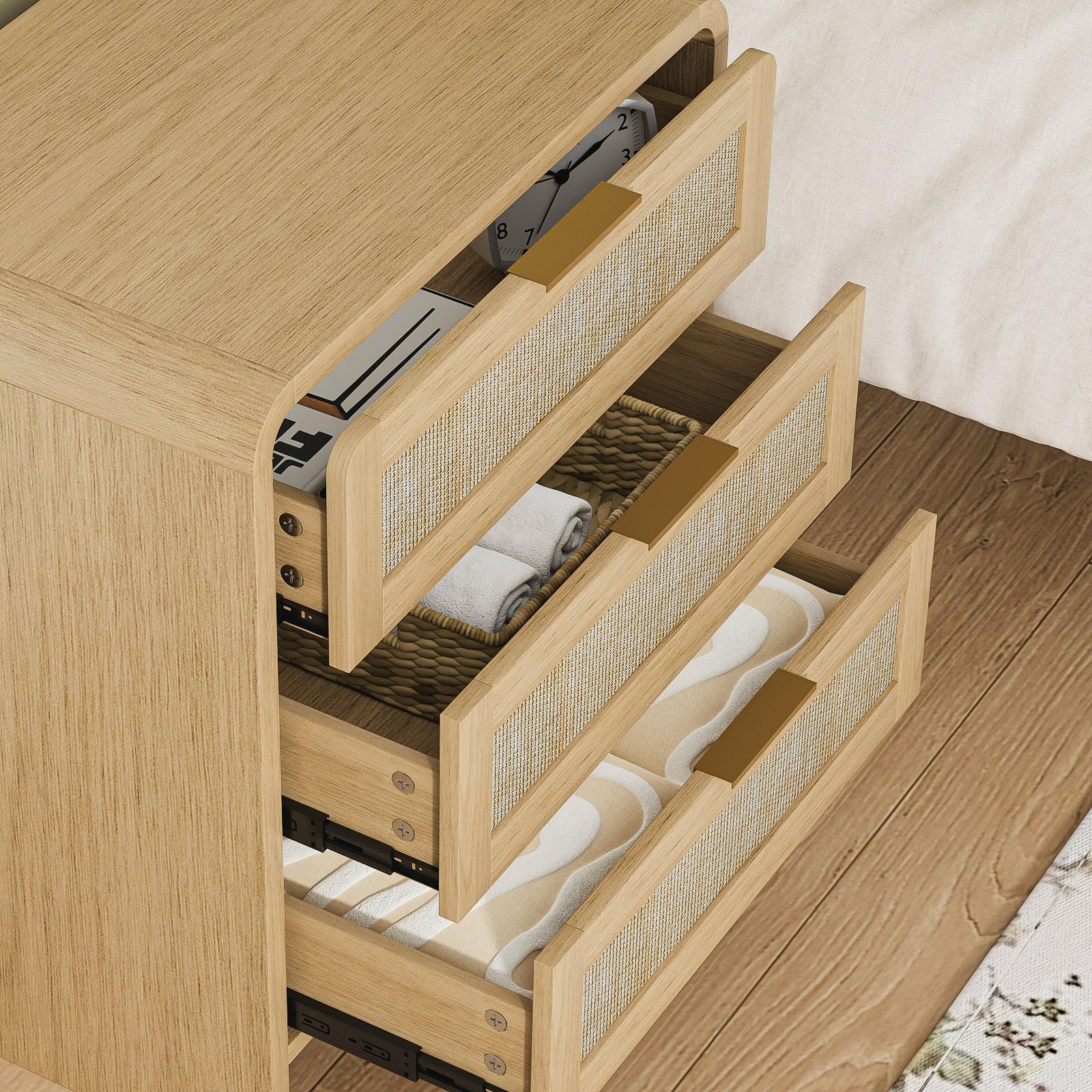 Rattan Nightstand with 3 Drawers for Modern Storage.