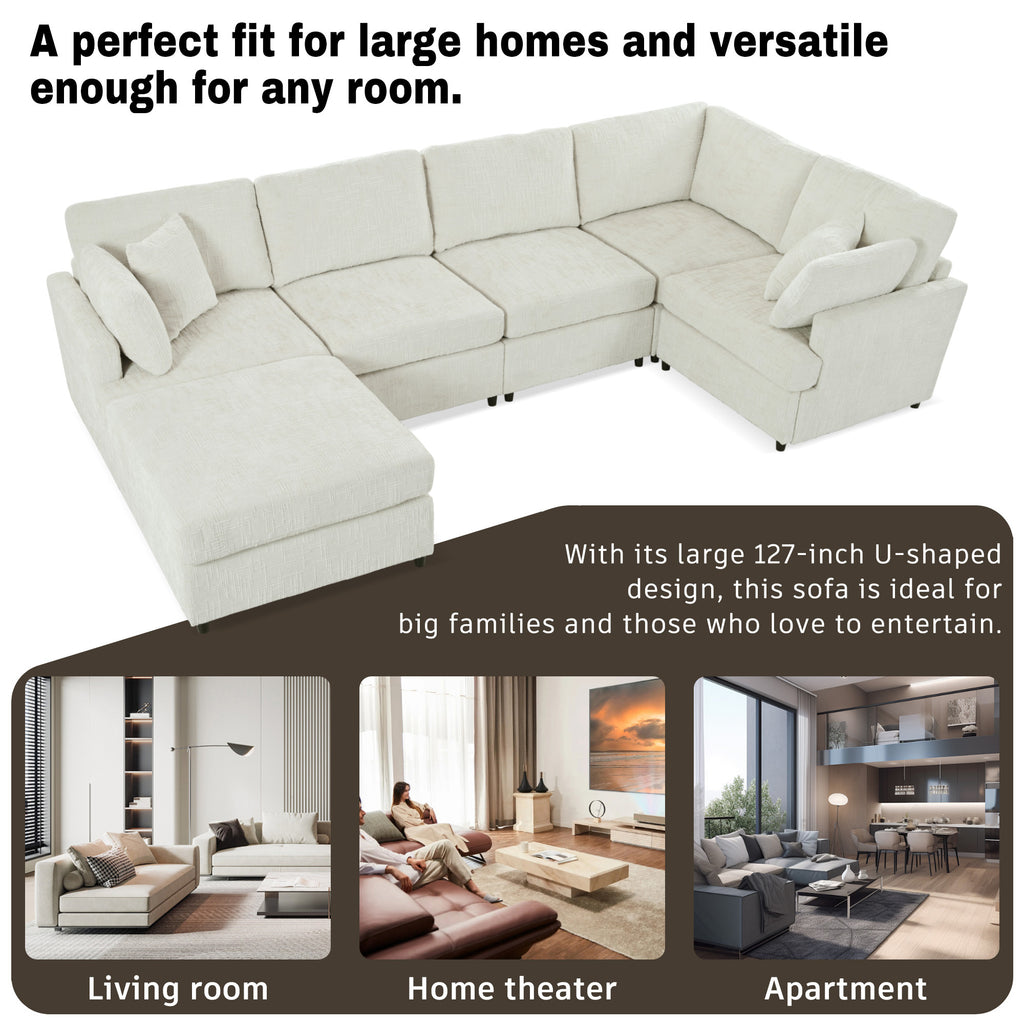 Versatile U-shaped sectional sofa with ottoman, ideal for large homes, home theaters, and apartments with spacious seating.