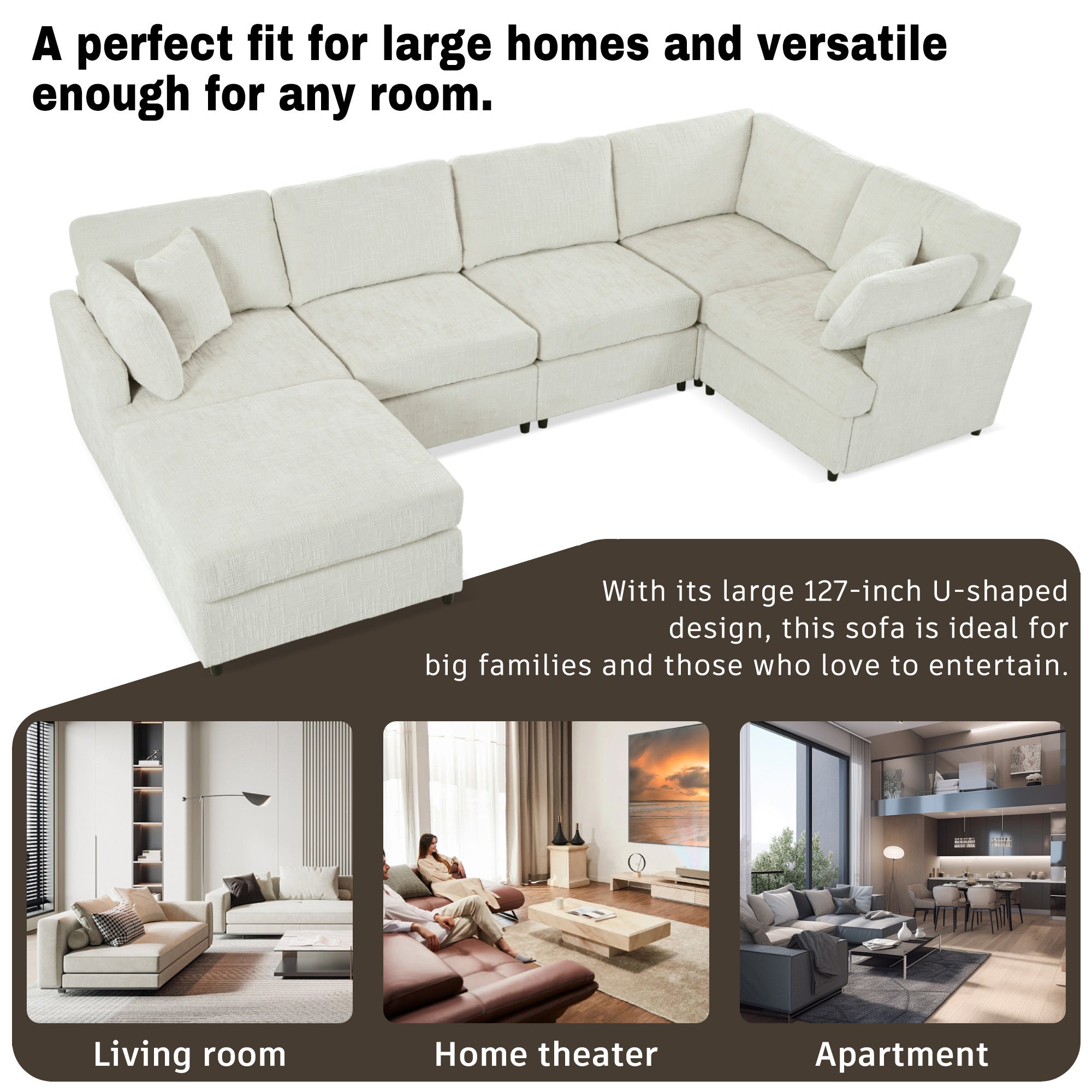Versatile U-shaped sectional sofa with ottoman, ideal for large homes, home theaters, and apartments with spacious seating.