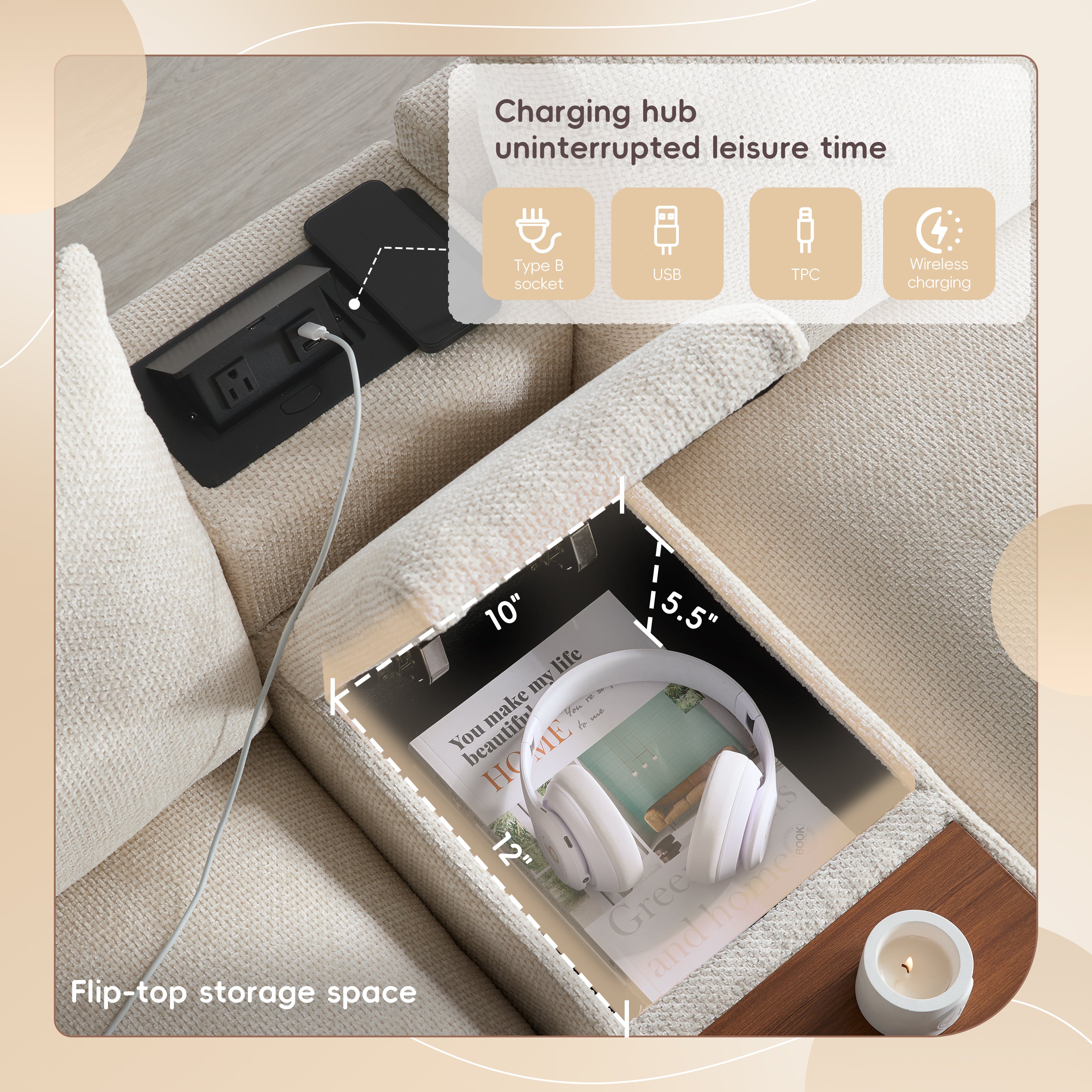 Flip-top storage console with USB charger, Type B socket, and wireless charging hub on modular sectional sofa.