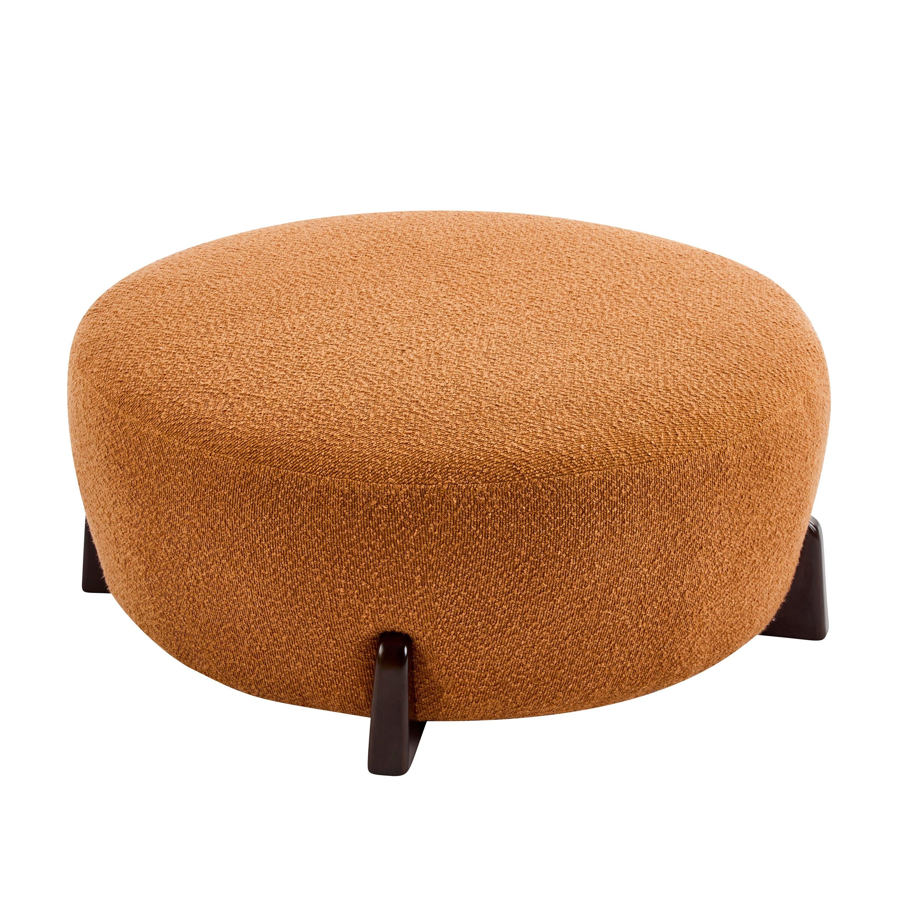 Round Boucle Ottoman with Rubber Wood Legs.