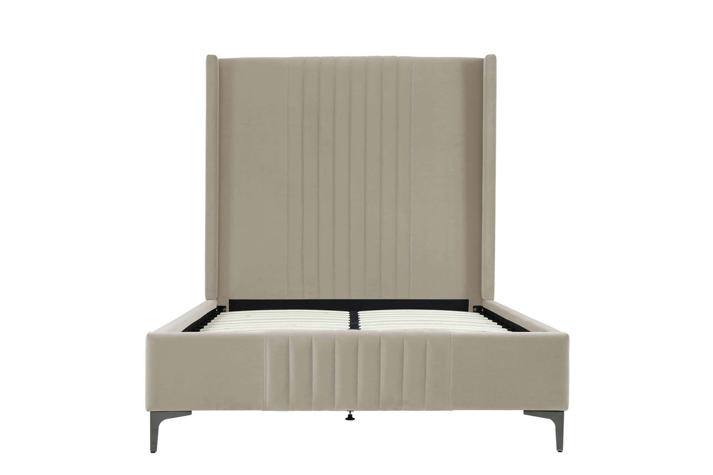 Front view of Promenade Upholstered Velvet Bed Frame in Rustic Taupe 48' with vertical stitched headboard and platform base.