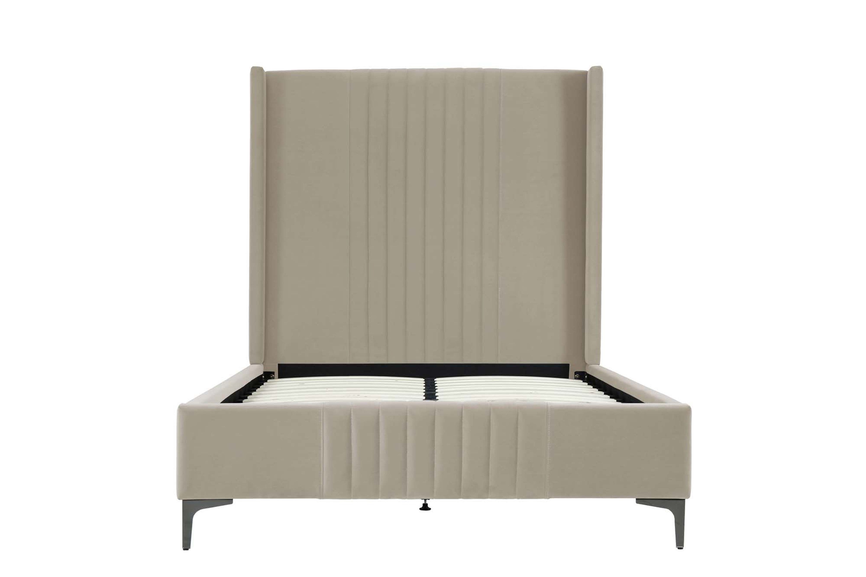 Front view of Promenade Upholstered Velvet Bed Frame in Rustic Taupe 48' with vertical stitched headboard and platform base.