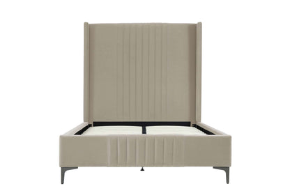 Front view of Promenade Upholstered Velvet Bed Frame in Rustic Taupe 48' with vertical stitched headboard and platform base.