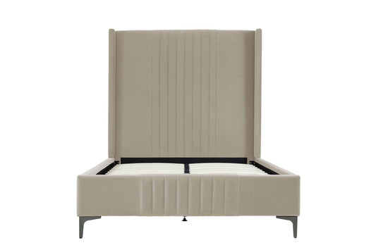 Front view of Promenade Upholstered Velvet Bed Frame in Rustic Taupe 48' with vertical stitched headboard and platform base.