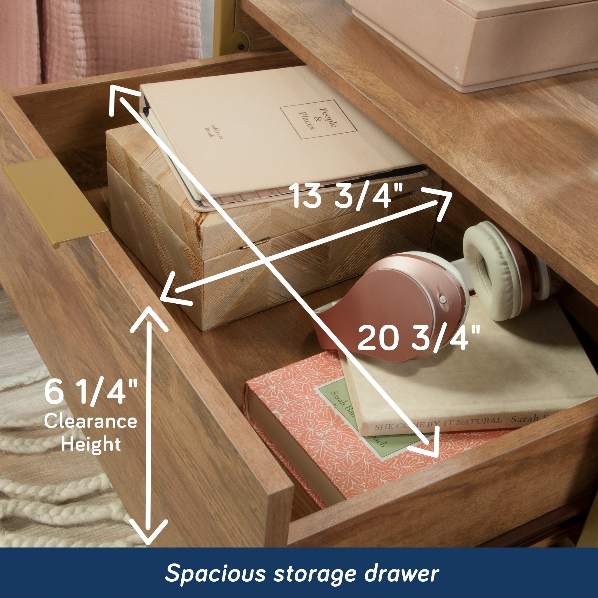 Spacious drawer of brown finish night stand with interior dimensions labeled, ideal for organized bedroom storage.