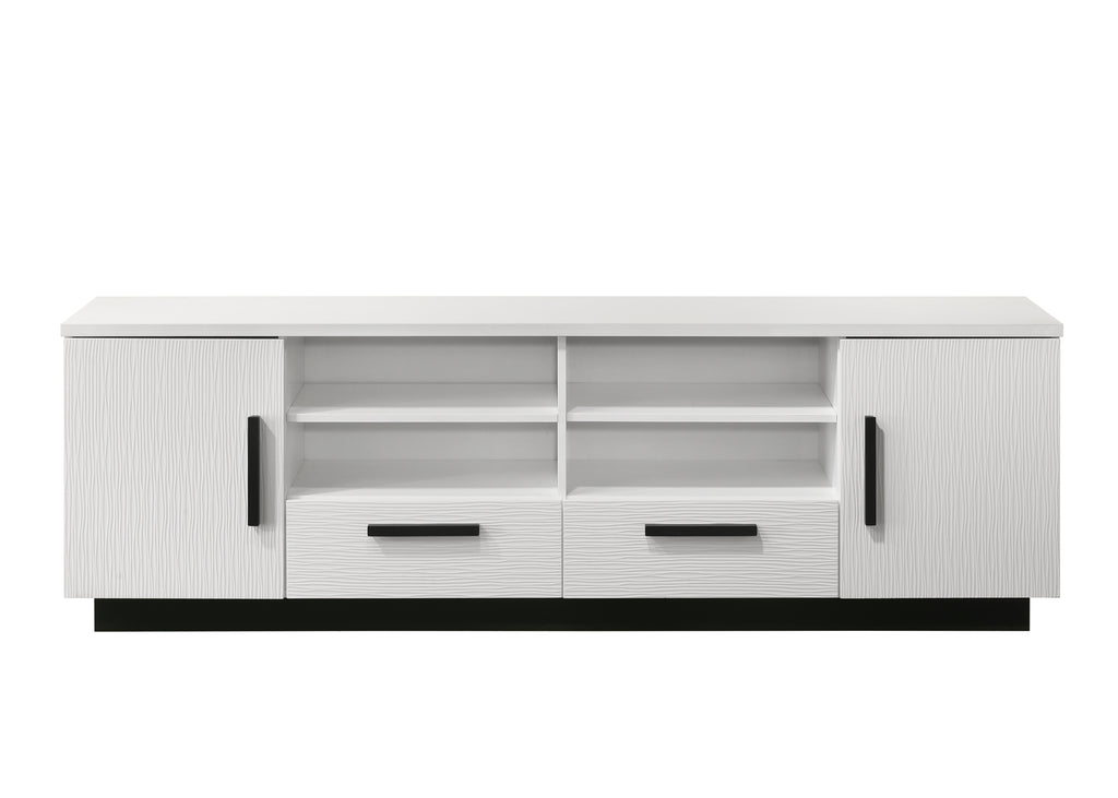 Front view of 70.5' White TV Stand with Drawers showcasing symmetrical storage with two drawers, open shelving, and black handles for contrast.