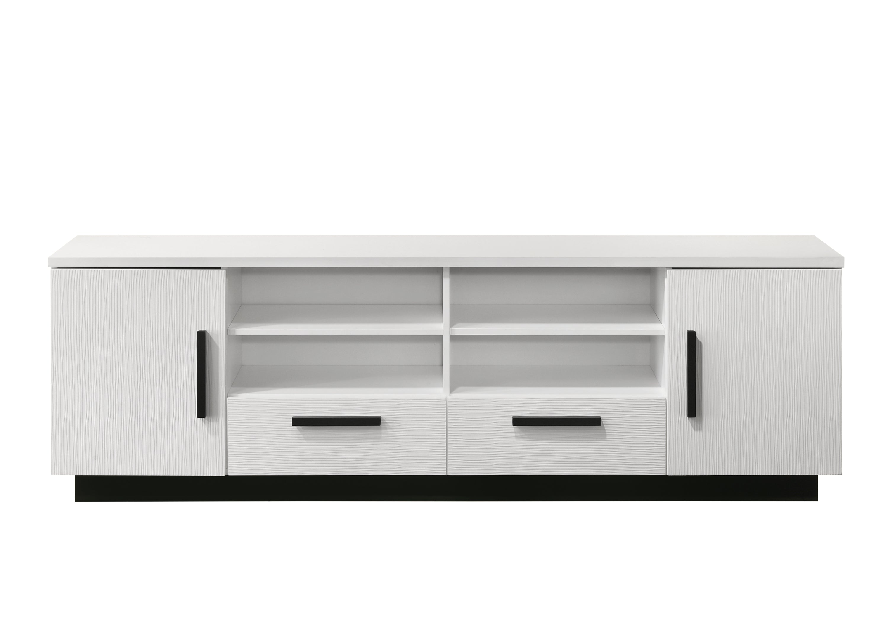 Front view of 70.5' White TV Stand with Drawers showcasing symmetrical storage with two drawers, open shelving, and black handles for contrast.