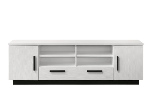 Front view of 70.5' White TV Stand with Drawers showcasing symmetrical storage with two drawers, open shelving, and black handles for contrast.