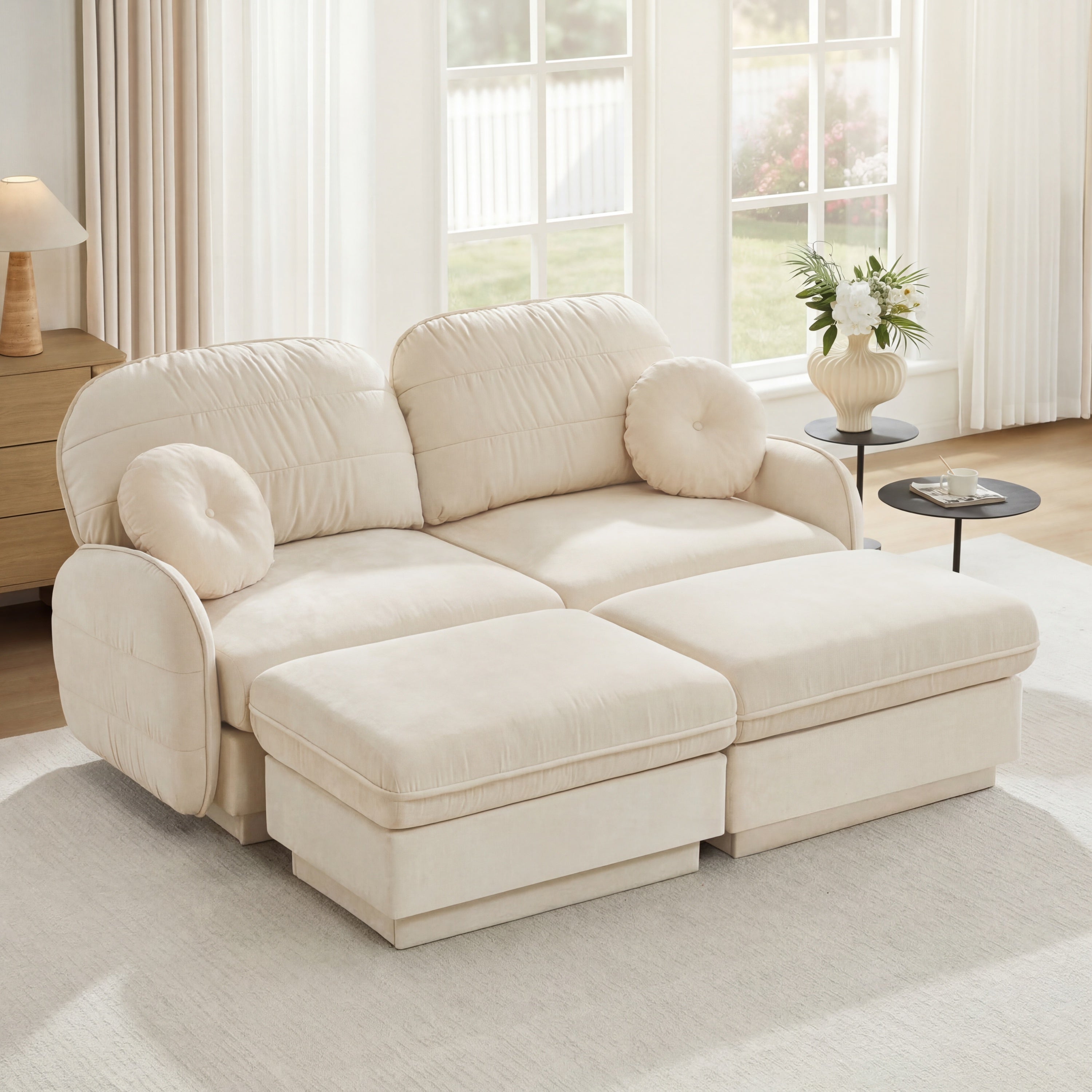 Cream Beige Chenille U-Shaped Loveseat with Movable Ottomans