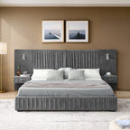 Queen upholstered bed with built-in table and lamp in a bright room. Solid frame and pleated headboard provide stylish bedroom functionality.