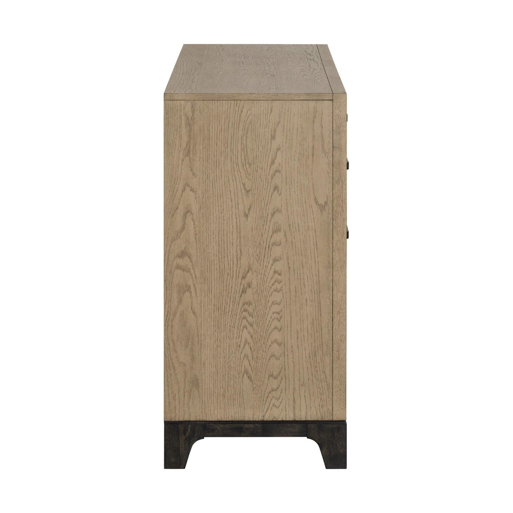Caramel and Cocoa 8-Drawer Dresser with Black Feet and Metal Pulls in Brown Wood, 64-Inch Width.