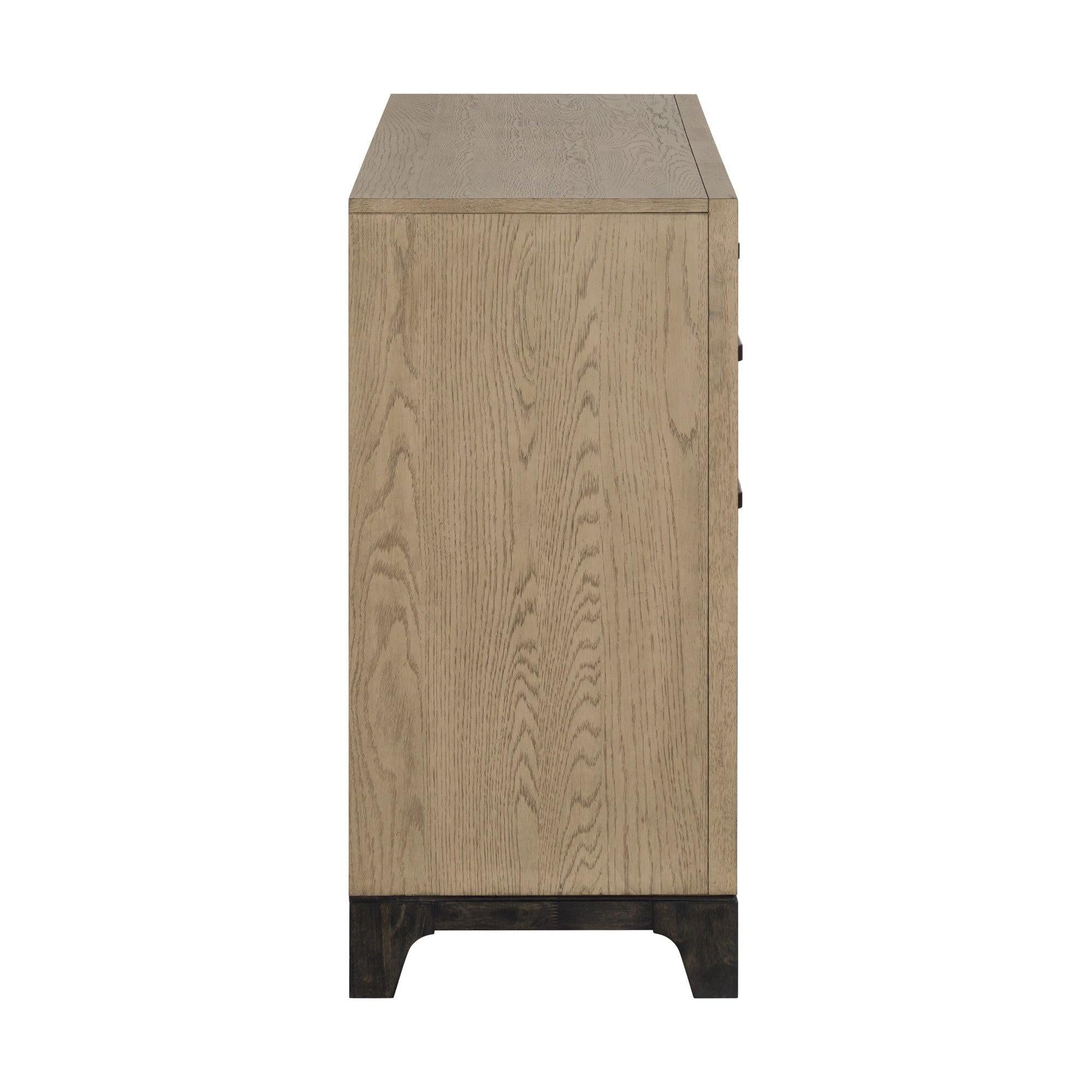 Caramel and Cocoa 8-Drawer Dresser with Black Feet and Metal Pulls in Brown Wood, 64-Inch Width.