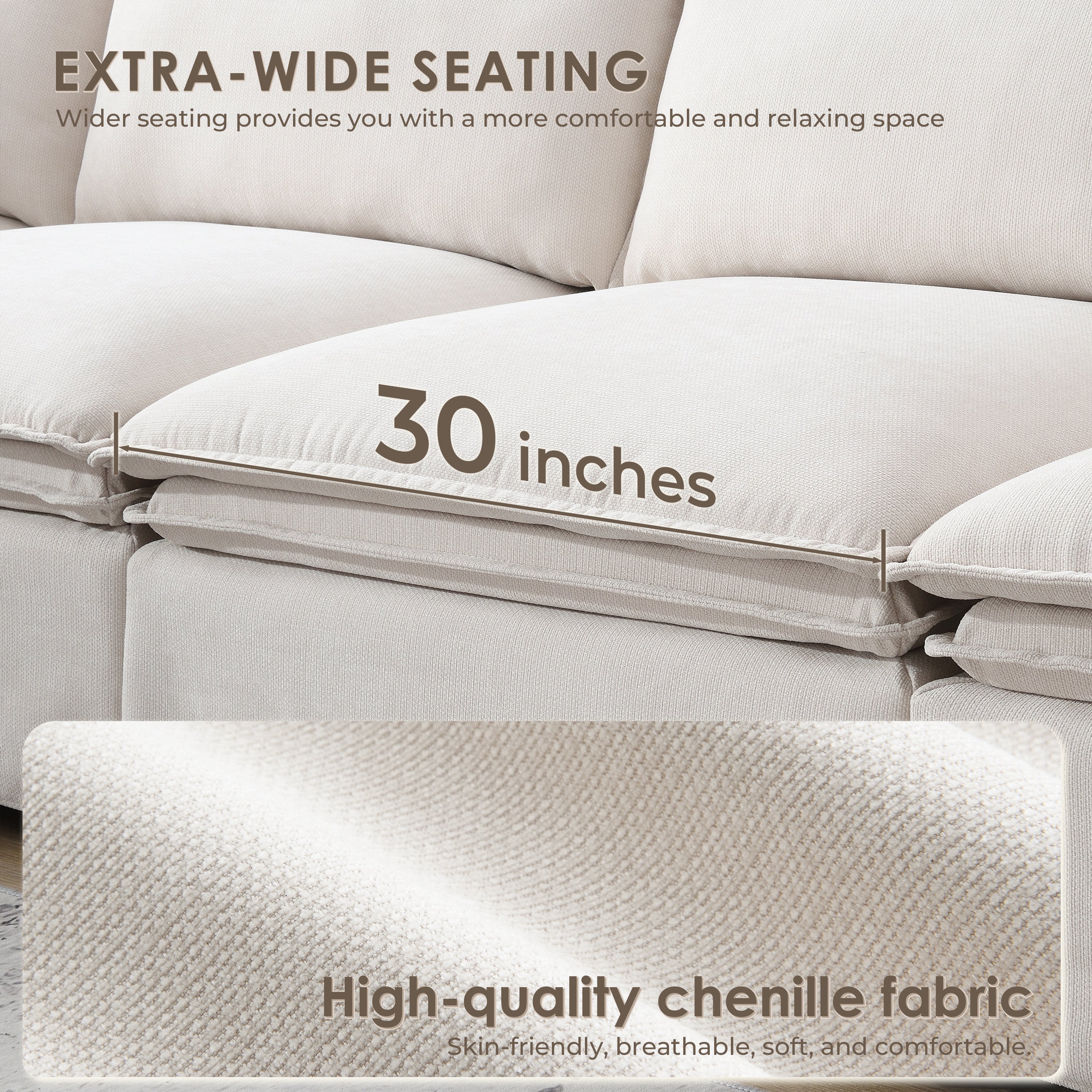 Extra-wide 30-inch seating on modular sectional sofa with ottoman, made with breathable, high-quality chenille fabric.