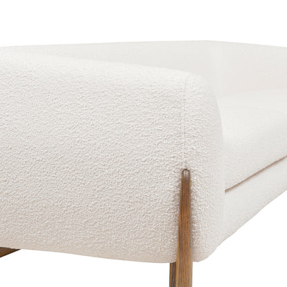 Detail of Alpine Sherpa Sofa Ivory White armrest with smooth curves and oak leg accent for a stylish modern furniture look.