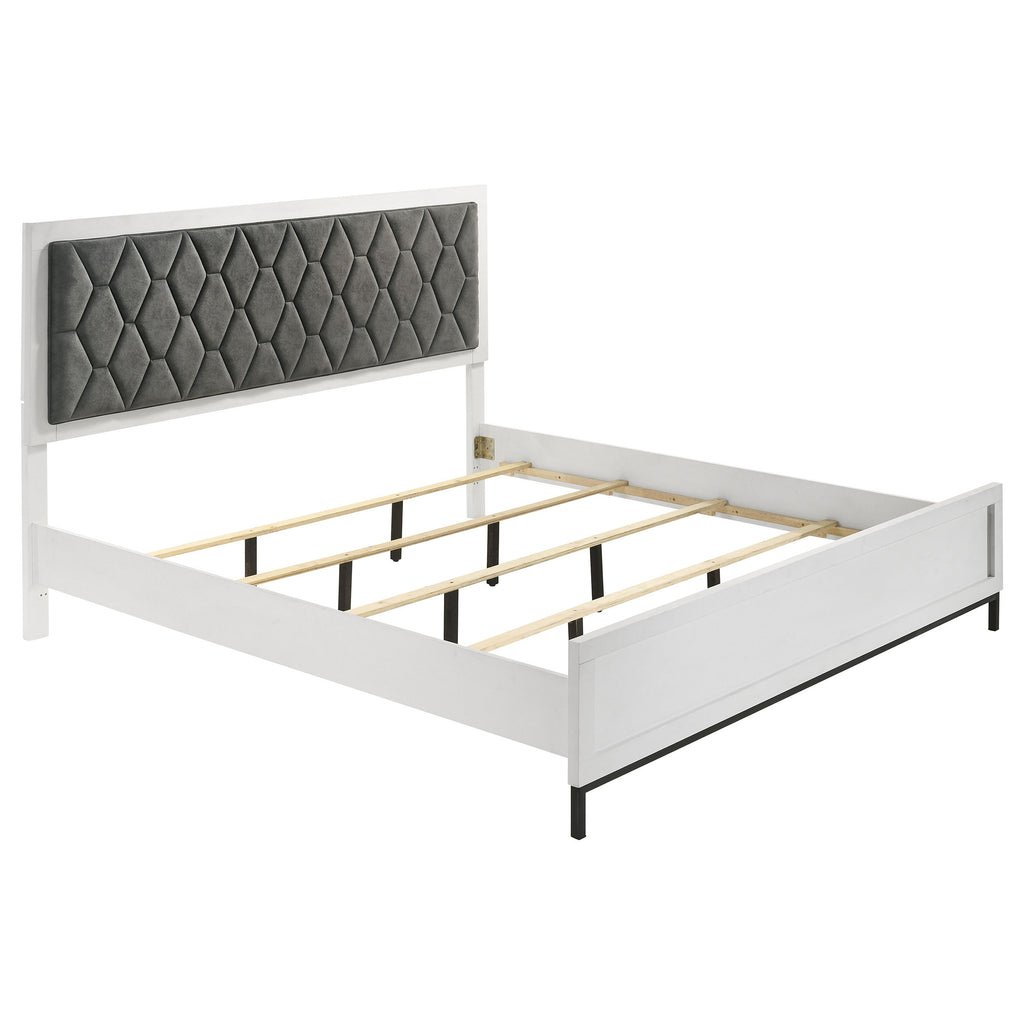 California King bed frame in white wood with dark gray diamond-tufted upholstered headboard and metal supports.